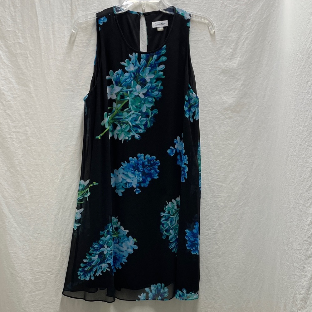 Calvin Klein Black Midi Dress with Blue Floral Pattern